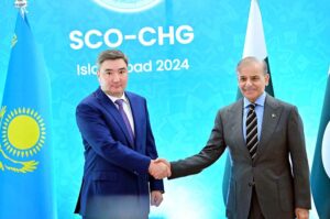 Prime Minister Muhammad Shehbaz Sharif meets with Prime Minister of Kazakhstan H.E. Olzhas Bektenov on the sidelines of Shanghai Cooperation Organisation Head of Government Meeting.