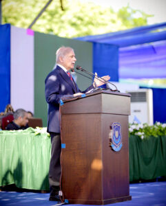 Prime Minister Muhammad Shehbaz Sharif addresses the Police Darbar at the Police Lines Headquarters.