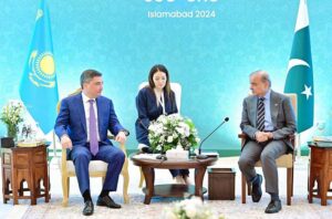 Prime Minister Muhammad Shehbaz Sharif meets with Prime Minister of Kazakhstan H.E. Olzhas Bektenov on the sidelines of Shanghai Cooperation Organisation Head of Government Meeting.