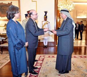The Ambassador-designate of the State of Palestine, Dr Zuhair Mohammad Hamdallah Zaid, presented his diplomatic credentials to President Asif Ali Zardari, at Aiwan-e-Sadr.