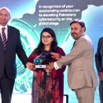 Minister of State for IT and Telecommunication Ms. Shaza Fatima Khawaja receives memento as a Chief Guest of the "Inaugural Ceremony of Digital Pakistan Cyber security Hackathon 2024" local Hotel