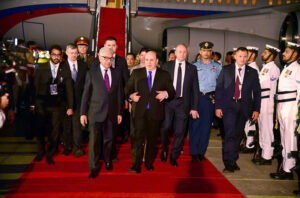 Prime Minister of Russia, Mikhail Mishustin , arrives in Pakistan to attend the 23rd SCO conference. Federal Minister for Defence Production Khawaja Muhammad Asif welcomes the Prime Minister of Russia at Islamabad International Airport.