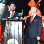 Governor Sindh Kamran Khan Tesori speaking at the ceremony of hoisting the flag of Pak-Turk at Press Club Chowk (Fawara Chowk) on the occasion of 101st anniversary of Turkish Republic Day. Consul General of Turkiye in Karachi Jezal Cemal Sangu is also present on this occasion