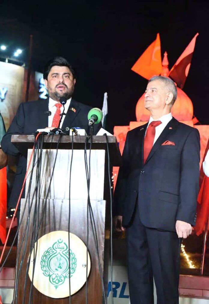 Governor Sindh Kamran Khan Tesori speaking at the ceremony of hoisting the flag of Pak-Turk at Press Club Chowk (Fawara Chowk) on the occasion of 101st anniversary of Turkish Republic Day. Consul General of Turkiye in Karachi Jezal Cemal Sangu is also present on this occasion