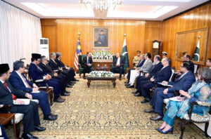 President Asif Ali Zardari in a meeting with the Prime Minister of Malaysia, Dato Seri Anwar Ibrahim, at Aiwan-e-Sadr.