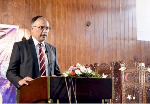 Federal Minister for Planning Ahsan Iqbal, delivering a special address to the students of Islamabad Model College for Girls F-6/2 on Space Week 2024.