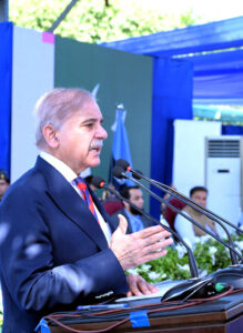 Prime Minister Muhammad Shehbaz Sharif addresses the Police Darbar at the Police Lines Headquarters.