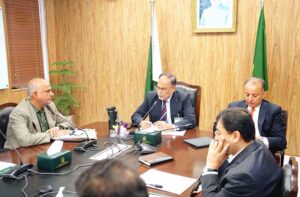Minister for Planning Ahsan Iqbal chairing a meeting of National Price Monitoring Committee. Minister for Petroleum Mussadiq Malik is also attending the committee meeting.