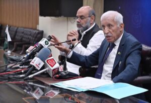 Federal Minister for Maritime Affairs, Qaiser Ahmed Shaikh addressing a press conference at PID Media center.