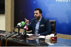 Parliamentary Secretary on Information and Broadcasting, Barrister Danyal Chaudhary addressing a press conference at PID media centre