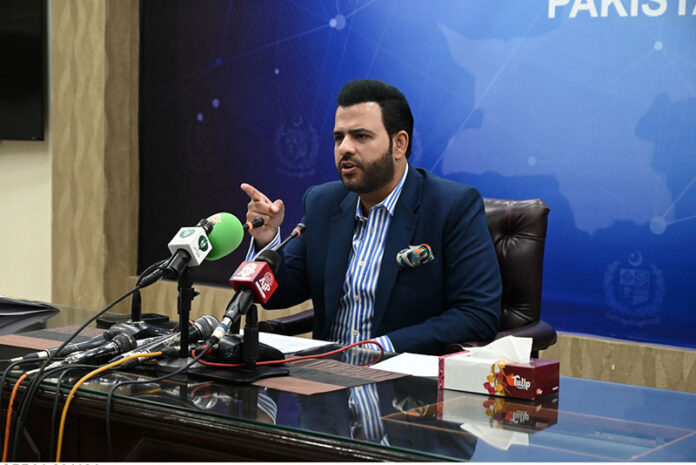 Parliamentary Secretary on Information and Broadcasting, Barrister Danyal Chaudhary addressing a press conference at PID media centre