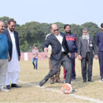 High Commission Malaysia Azhar Bin Mazlan kicks the ball to inaugurate Shaheen Sports League Organised by Al Khidmat Foundation on Iqbal Day at Sports Complex