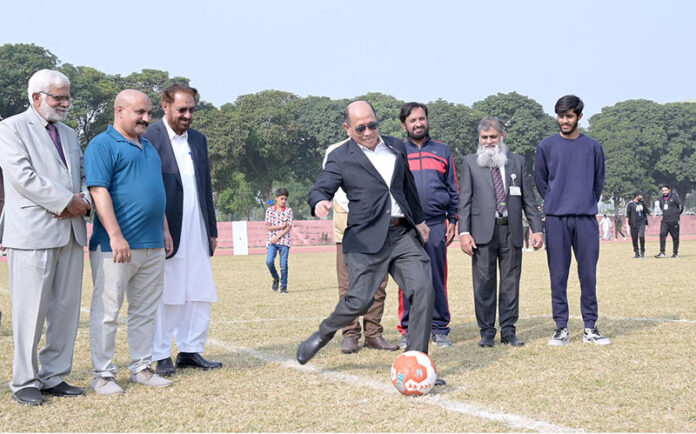 High Commission Malaysia Azhar Bin Mazlan kicks the ball to inaugurate Shaheen Sports League Organised by Al Khidmat Foundation on Iqbal Day at Sports Complex