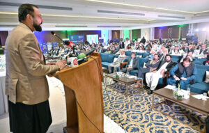 Federal Minister for Overseas Pakistanis and Human Resource Development Chaudhry Salik Hussain addressing two-day Pakistan's National Tripartite Labour Conference, jointly organized by the International Labour Organization (ILO) and the Ministry of Overseas Pakistanis and Human Resource Development (MOPHRD).