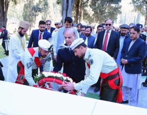 Prime Minister Muhammad Shehbaz Sharif lays down a floral wreath at the Yadgar-e-Shuhada in Chief Minister Secretariat.