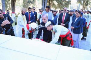 Prime Minister Muhammad Shehbaz Sharif lays down a floral wreath at the Yadgar-e-Shuhada in Chief Minister Secretariat.