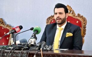 Parliamentary Secretary for Information and Broadcasting, Barrister Danyal Chaudhary addressing a press conference at National Press Club.