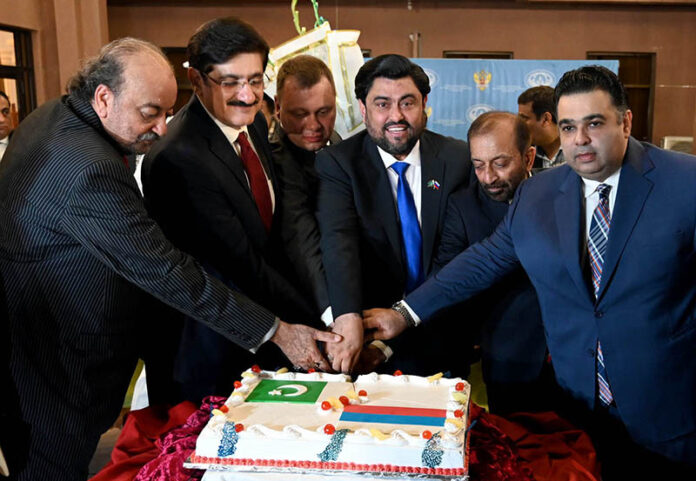 Sindh Governor Muhammad Kamran Khan Tessori, Chief Minister Syed Murad Ali Shah, along with Consul General of Russian Federation in Karachi Andrey V. Fedorov cutting cake on the occasion of the 