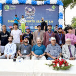 Ambassador of the State of Palestine Dr. Zuhair Hamdallah Dar Zaid in a group photograph with the postion holder athletes during Shaheen Sports League Organised by Al Khidmat Foundation on Iqbal Day at Sports Complex