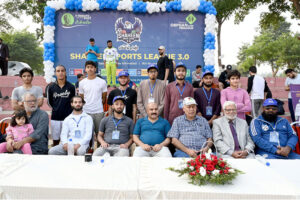 Ambassador of the State of Palestine Dr. Zuhair Hamdallah Dar Zaid in a group photograph with the postion holder athletes during Shaheen Sports League Organised by Al Khidmat Foundation on Iqbal Day at Sports Complex