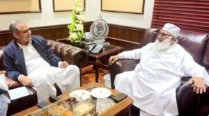 Federal Minister for Interior Mohsin Naqvi in a meeting with JUI Chief Maulana Fazlur Rehman at his residence.