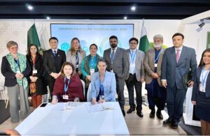 Secretary Climate Change & Environmental Coordination Ministry Aisha Humera Moriani and Deputy Director-General Global Green Growth Institute (GGCI) Helena McLeod sign the Four-Year Country Programme Framework (2024-2028) at the Pakistan Pavilion on the sidelines of the UN-led Global Climate Conference (COP24).