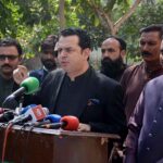 PMLN Central Leader/Chairman Standing Committee Privatization Commission Senator Talal Chaudhary is addressing a press conference during his visit to Model Children Home Faisalabad