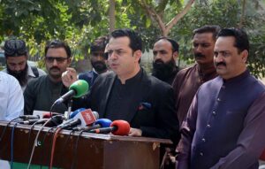 PMLN Central Leader/Chairman Standing Committee Privatization Commission Senator Talal Chaudhary is addressing a press conference during his visit to Model Children Home Faisalabad