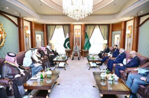 Saudi Investment Minister Engr. Khalid bin Abdulaziz Al-Falih and Advisor Royal Court Mohammed Al-Tuwaijri call on Prime Minister Muhammad Shehbaz Sharif on the sidelines of Arab-Islamic Extraordinary Summit.