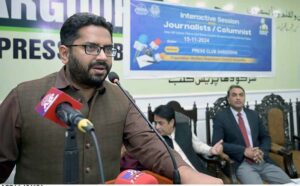 Additional Deputy Commissioner General Umar Farooq addressing the Interactive session with Journalists and Columnist organized by Population Welfare Department held at Sagodha Press Club.