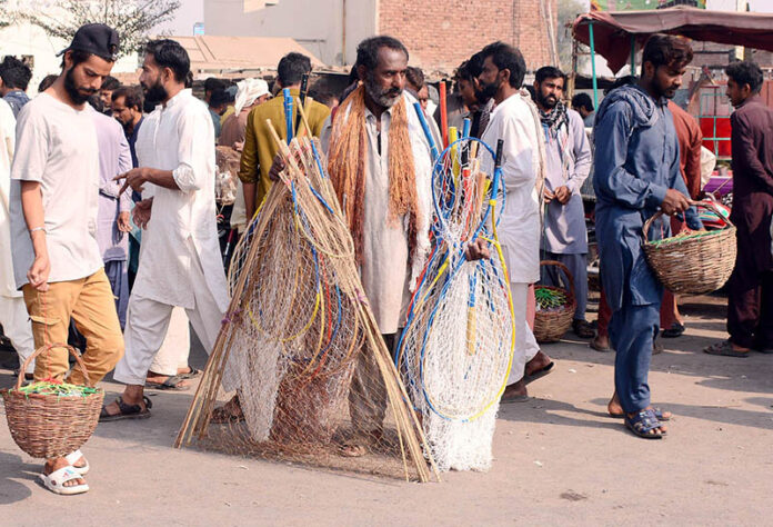 Vendors sell different variety of pigeon-catching nets to attract bird hunters at the bird market