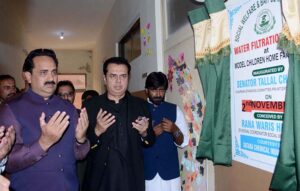 PMLN Central Leader/Chairman Standing Committee Privatization Commission Senator Talal Chaudhary is addressing a press conference during his visit to Model Children Home Faisalabad