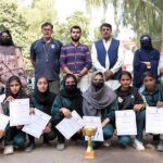 A Group photo of Director Sports Education Board Roshan Zameer Kalro with students of Govt Girls College Khushab after taking 2nd position During Intercollegiate Girls Volley ball tournament at Government Graduate College for Girls, Chandni Chowk