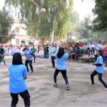 Players in action during Volley ball match played between Govt Girls College Farooq Colony and Govt Girls College Chandni chowk During Intercollegiate Girls Volley ball tournament at Government Graduate College for Girls, Chandni Chowk