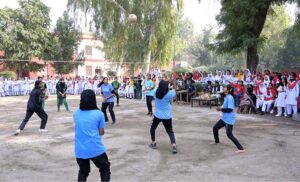 Players in action during Volley ball match played between Govt Girls College Farooq Colony and Govt Girls College Chandni chowk During Intercollegiate Girls Volley ball tournament at Government Graduate College for Girls, Chandni Chowk