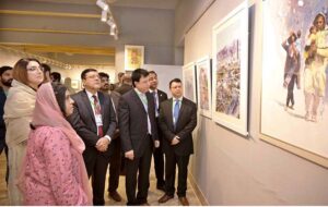 Vice Chancellor University of Sargodha Prof. Dr. Qaisar Abbas and Dean of School of Management University of Bradford UK Prof. Saeed Akbar visiting after inaugurating 2nd International Watercolor exhibition organized by Institute of Arts & Design University of Sargodha at Zubeida Agha Art Gallery.