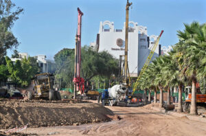 Laborers are busy binding steel at the construction site of an underpass along Khyaban-e-Suharwardi in the Federal Capital as part of ongoing development work.