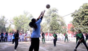 Players in action during Volley ball match played between Govt Girls College Farooq Colony and Govt Girls College Chandni chowk During Intercollegiate Girls Volley ball tournament at Government Graduate College for Girls, Chandni Chowk