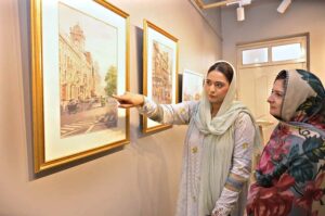 Vice Chancellor University of Sargodha Prof. Dr. Qaisar Abbas and Dean of School of Management University of Bradford UK Prof. Saeed Akbar visiting after inaugurating 2nd International Watercolor exhibition organized by Institute of Arts & Design University of Sargodha at Zubeida Agha Art Gallery.