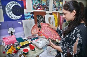 Vice Chancellor University of Sargodha Prof. Dr. Qaisar Abbas and Dean of School of Management University of Bradford UK Prof. Saeed Akbar visiting after inaugurating 2nd International Watercolor exhibition organized by Institute of Arts & Design University of Sargodha at Zubeida Agha Art Gallery.