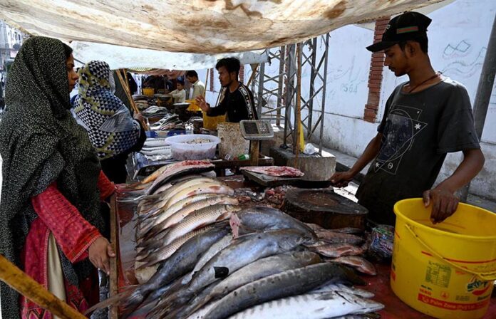 Roadside vendor displaying fishes to attract the customers at Faqir ka pir road