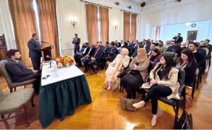 Pakistan Ambassador to US Rizwan Saeed Sheikh addressing during community event held at the Consulate General of Pakistan