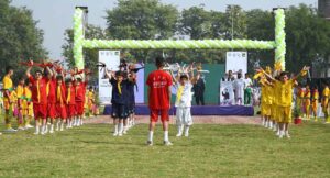 Students performing tableau on national poet Alama Iqbal’s poetry during the inaugural ceremony of Inter School Sports Festival organized by the Directorate of Sports at Tamash Football Stadium.