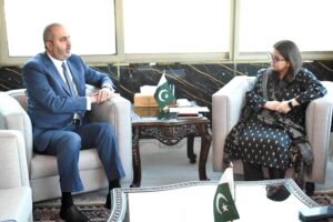Minister of State for IT and Telecommunication Ms. Shaza Fatima Khawaja in a meeting with Ambassador of Qatar to Pakistan H.E. Ali Mubarak Ali Essa Al-Khater.