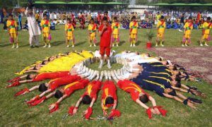 Students performing tableau on national poet Alama Iqbal’s poetry during the inaugural ceremony of Inter School Sports Festival organized by the Directorate of Sports at Tamash Football Stadium.