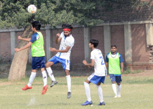 A view of a football match during the Khelta Punjab games at Sports ground.