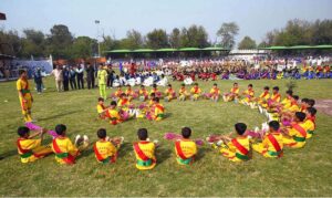 Students performing tableau on national poet Alama Iqbal’s poetry during the inaugural ceremony of Inter School Sports Festival organized by the Directorate of Sports at Tamash Football Stadium.