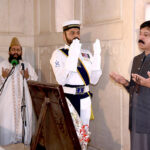 Governor Punjab Sardar Saleem Haider Khan offering Fateha after laying floral wreath during change of guard ceremony to pay homage to Allama Muhammad Iqbal on his 147 birth anniversary at Mazar-e-Iqbal