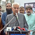 Defense Minister Khawaja Mohammad Asif is addressing after inaugurating the Aamir Waseem International Cricket Academy & Institute at Paris road