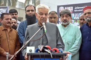 Defense Minister Khawaja Mohammad Asif is addressing after inaugurating the Aamir Waseem International Cricket Academy & Institute at Paris road